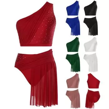 Женский лирический танцевальный костюм для сцены, блестящий укороченный топ на одно плечо с сетчатой юбкой, трусы, одежда для занятий йогой и балетом S бордовый