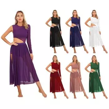 Женский лирический танцевальный костюм с сетчатой вставкой, платье в стиле пэчворк с круглым вырезом и разрезом на бедре для сценических выступлений S фиолетовый