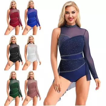 Женский лирический танцевальный купальник со сверкающими стразами, сетчатым верхним слоем и асимметричной юбкой для фигурного катания S темно-синий