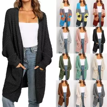 Женский лоскутный кардиган в стиле бохо с длинным рукавом и открытой передней частью, вязаные свитера, пальто, карманы L армия зеленый