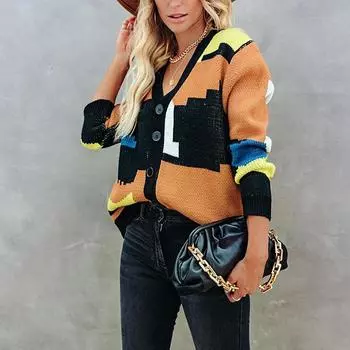 Женский лоскутный контрастный кардиган с длинными рукавами, однобортный вязаный жакет S