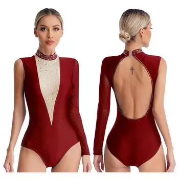 Женский лоскутный купальник для художественной гимнастики и гимнастики, спортивная спортивная одежда, боди с открытой спиной, трико для балета, танца, костюм для фигурного катания S бордовый
