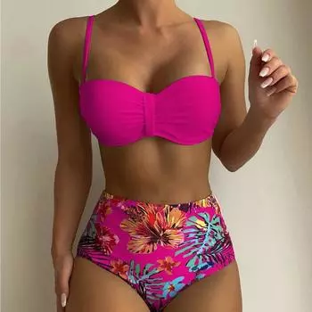 Женский лоскутный купальник с цветочным принтом и мягкой подкладкой на спине, купальник с завязками, сексуальный комплект бикини с пуш-ап и высокой талией, купальные костюмы, бикини