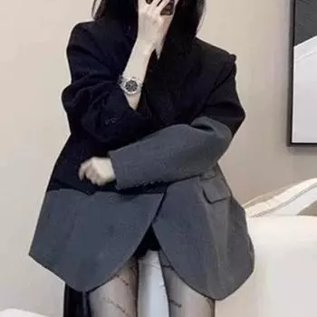 Женский лоскутный пиджак, весенне-осеннее пальто, модный элегантный блейзер, повседневный, черно-серый, двухцветный блейзер, костюмы S