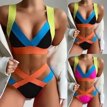 Женский лоскутный сексуальный купальник бикини с V-образным вырезом, бразильский комплект бикини, купальник с эффектом пуш-ап S чёрный