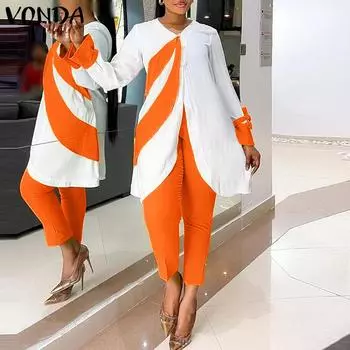 Женский лоскутный топ VONDA с большим круглым вырезом и длинными рукавами, однотонные свободные брюки 3XL оранжевый