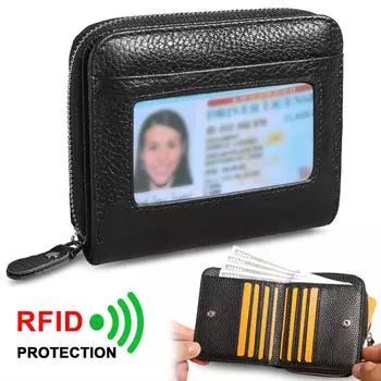 Женский маленький кошелек из натуральной кожи, тонкий, с верхним слоем из воловьей кожи, с окошком для удостоверения личности, компактные кошельки с 8 отделениями для карт чёрный