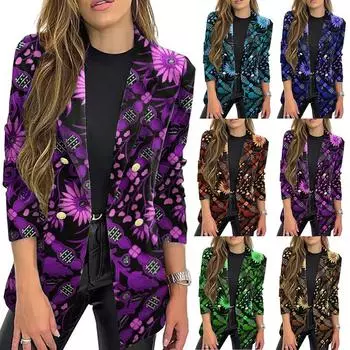 Женский маленький костюм с принтом и длинными рукавами, осенне-зимний костюм S синий