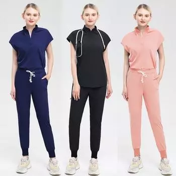 Женский медицинский топ с воротником-стойкой, короткий костюм из мягкой эластичной ткани, комплект со штанами-стойкой и рукавами S розовый