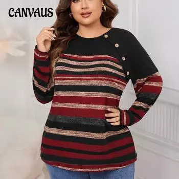 Женский мешковатый топ больших размеров в полоску с длинными рукавами и круглым вырезом 1XL чёрный