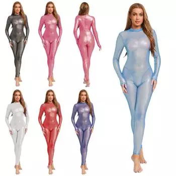 Женский металлический комбинезон, облегающий все тело, с длинными рукавами, длинными брюками и молнией сзади, боди, блестящая клубная одежда, ночная одежда, леггинсы S