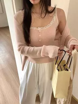 Женский милый кружевной топ-майка и трикотажный комплект – Хуан Чжэн 2025 Весна Корейский стиль Двойка (H1KA510076) One Size розовый