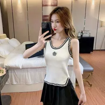 Женский милый летний вязаный жилет-бретелька, топы без рукавов с U-образным вырезом, розовый ледяной шелк, тонкая верхняя одежда, нижняя часть, сплошной цвет One Size чёрный