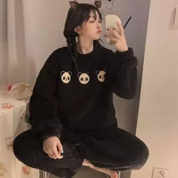 Женский милый мультяшный принт, длинный рукав, пижамный комплект, теплые пижамные комплекты из кораллового флиса, осенне-зимний сезон, милая одежда для сна для девочек, домашняя одежда, костюм M