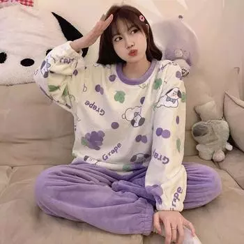 Женский милый мультяшный принт с длинными рукавами, теплая пижама из кораллового флиса, осенне-зимний сезон, милая пижама для девочек, домашняя одежда, костюм M