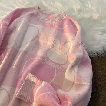 Женский милый мультяшный свитер большого размера с изображением медведя, кролика, моркови, пуловеры в корейском стиле, женские ретро-вязаные топы розового, синего и белого цвета S синий