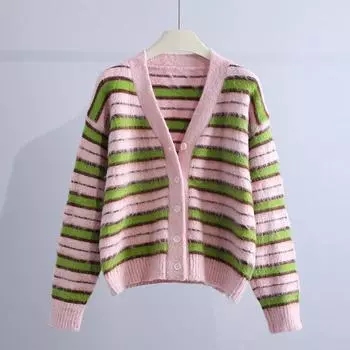Женский милый однобортный полосатый кардиган, пальто, повседневный утолщенный теплый свитер с V-образным вырезом, осенне-зимняя термовязаная куртка One Size розовый