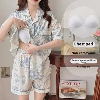 Женский милый пижамный комплект с кардиганом и нагрудными накладками - короткий рукав, имитация хлопка, стиль колледжа, повседневная домашняя одежда Large