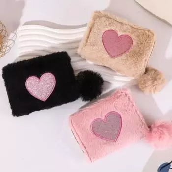 Женский милый плюшевый короткий кошелек в форме сердца с молнией, сумки для монет, ID, держатель для кредитных карт, клатч, небольшой кошелек, кошелек розовый