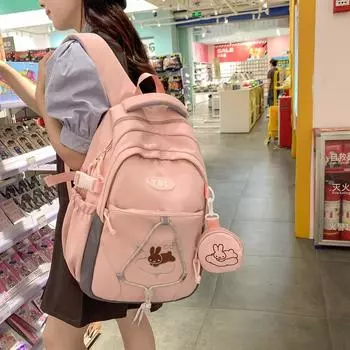 Женский милый рюкзак с принтом кролика, студенческий студенческий стиль, школьная сумка с портмоне чёрный