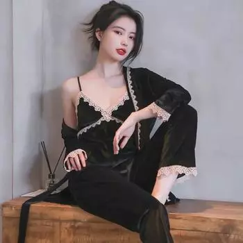 Женский милый сексуальный пижамный комплект из золотистого бархата - осень/зима, комплект из трех предметов для дома M (75-100 jin)