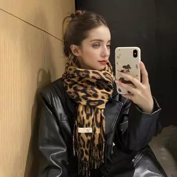 Женский милый шарф с кисточками в стиле ретро с леопардовым узором, стиль пикантной девушки нового тысячелетия, осенне-зимний толстый воротник для тепла 200 * 68cm