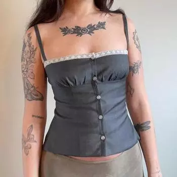 Женский милый стильный кружевной кружевной ряд пуговиц с открытой грудью, топ-топ для горячих девушек, сексуальный, с тонкой талией, топ-майка S серый