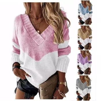 Женский милый свитер на весну-осень-зиму с v-образным вырезом, вязаный свитер в полоску с принтом, согревающие пуловеры, свободный повседневный свитер с длинным рукавом S чёрный