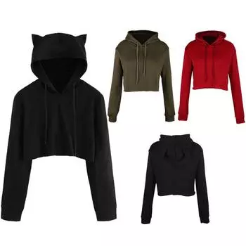 Женский милый свитер с кошачьими ушками для девочек-подростков, укороченный топ, толстовки с длинными рукавами, однотонный пуловер XXL