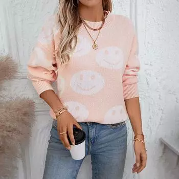 Женский милый свитер со смайликом в осенне-зимнем стиле с длинным рукавом и круглым вырезом, вязаный свитер-пуловер S хаки