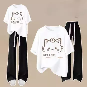 Женский милый свободный повседневный летний костюм, футболка с короткими рукавами, широкие брюки, костюм из двух частей XXL