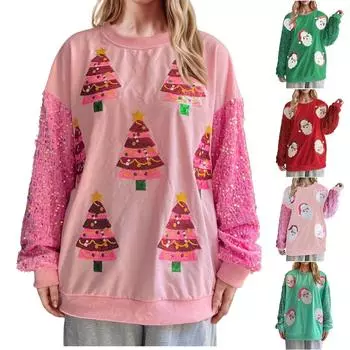 Женский милый универсальный топ с пайетками на рукавах, рождественский свитер с длинными рукавами для женщин XXL зелёный