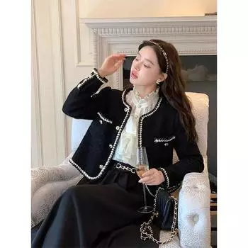 Женский милый винтажный твидовый пиджак, элегантное французское укороченное пальто, повседневное, с длинным рукавом, простая универсальная женская верхняя одежда в стиле ретро, топы XXL чёрный