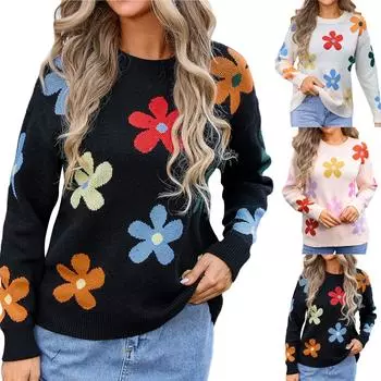 Женский милый вязаный пуловер с длинными рукавами и цветочным принтом с круглым вырезом и цветными блоками S белый