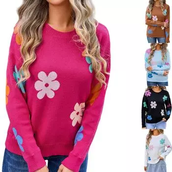 Женский милый вязаный пуловер с длинными рукавами и цветочным принтом с круглым вырезом и цветными блоками L