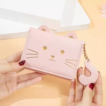 Женский мини-кошелек 2025 года с изображением кошки: Симпатичный дизайн с тремя отделениями, несколькими отделениями для карт и мультяшным кошельком для монет. чёрный