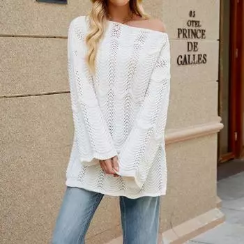 Женский модный ажурный трикотажный пуловер, однотонный свитер с открытыми плечами и вырезом L бежевый