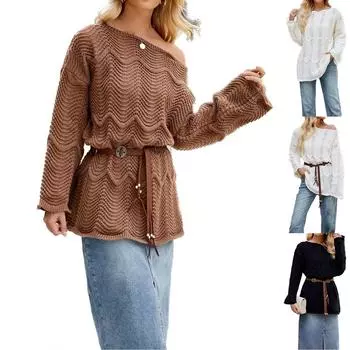 Женский модный ажурный трикотажный пуловер, однотонный свитер с открытыми плечами и вырезом L бежевый