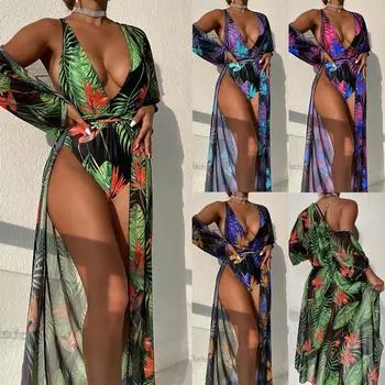 Женский модный бикини с длинными рукавами и принтом, женский цельный купальник 2-в-1, сексуальный солнцезащитный крем, женский кружевной бикини S зелёный