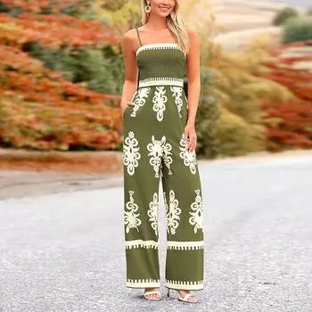 Женский модный бохо-комбинезон на бретелях с ретро-принтом, высокой талией и широкими штанинами с карманами XXL чёрный