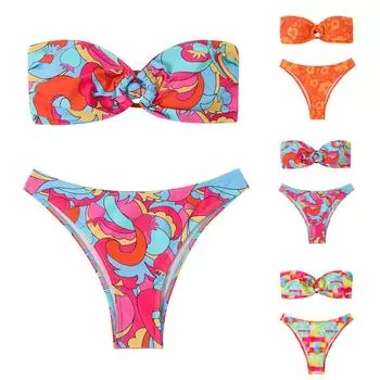 Женский модный бретельки с цветными блоками, удобный разделенный купальник, комплект пляжной одежды бикини L горячий розовый