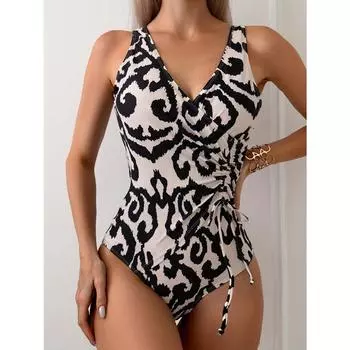 Женский модный цельный купальник, сексуальный стиль, завязка спереди, контрастный цвет, V-образный вырез, пляжная одежда S абрикосовый