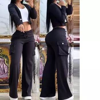 Женский модный черный комплект из двух предметов, весна-осень, глубокий V-образный вырез, длинный рукав, открытый пупок, топ и широкие брюки, повседневный комплект XS темные хаки