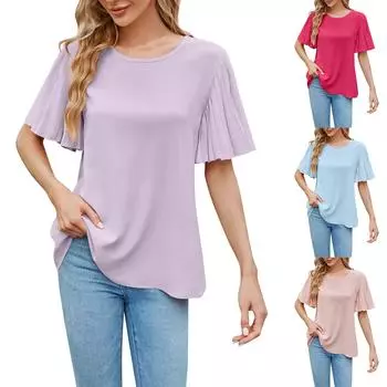 Женский модный дизайн Feel Ice Silk Zou Fashion Складной топ с расклешенными рукавами и круглым вырезом L горячий розовый