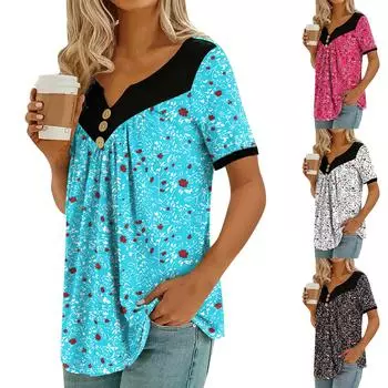 Женский модный дизайн, небольшой цветочный лоскутный топ на пуговицах, повседневный топ с короткими рукавами L чёрный