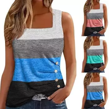 Женский модный дизайн, полосатый плиссированный жилет на пуговицах с квадратным вырезом и цветными блоками L