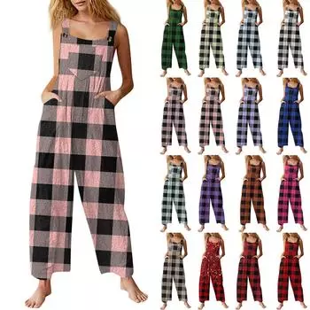 Женский модный фланелевый набивной повседневный винтажный комбинезон без рукавов на пуговицах L чёрный