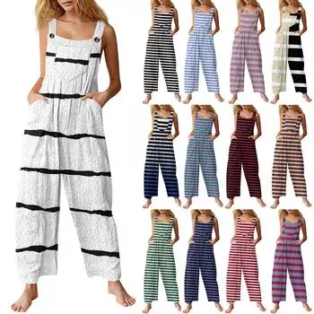 Женский модный фланелевый набивной повседневный винтажный комбинезон без рукавов на пуговицах L чёрный