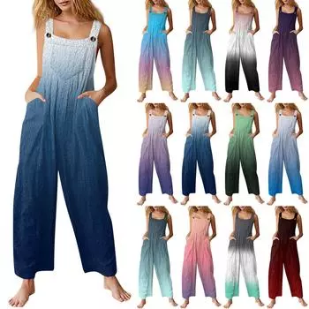 Женский модный фланелевый набивной повседневный винтажный комбинезон без рукавов на пуговицах L синий