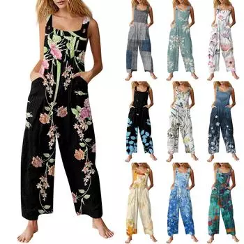 Женский модный фланелевый набивной повседневный винтажный комбинезон без рукавов на пуговицах L чёрный